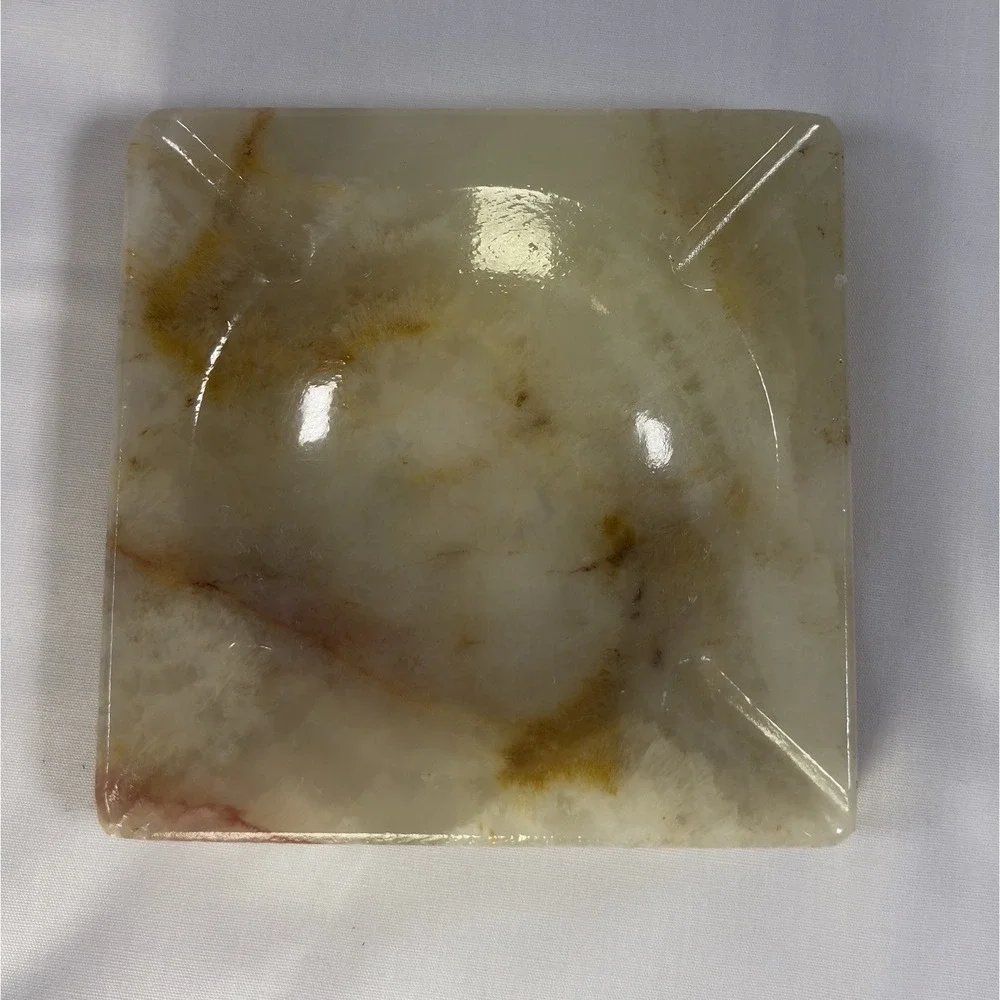 VINTAGE ASHTRAY SOLID MARBLE TAN BROWN LARGE HEAVY 4in Square S2-371